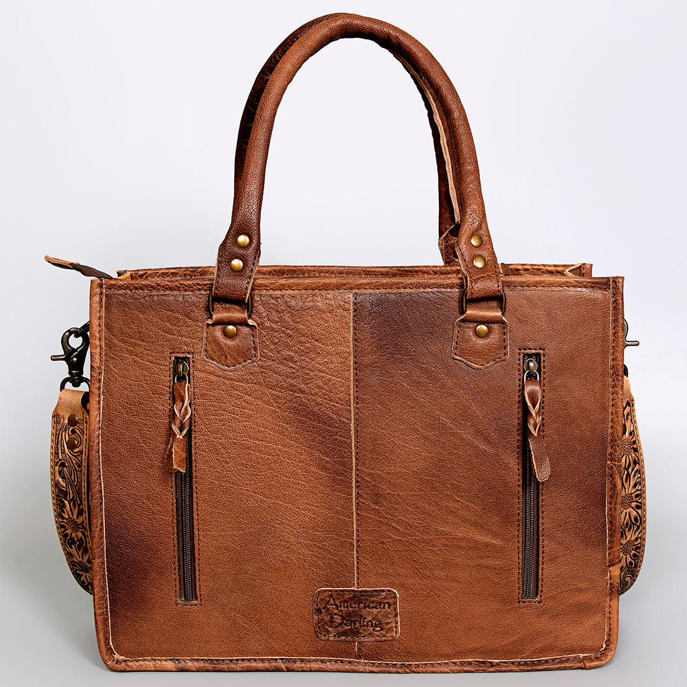 ADBG230 Hand Tooled Leather Tote Bag with Hair-On Cowhide Center & Leather Fringes