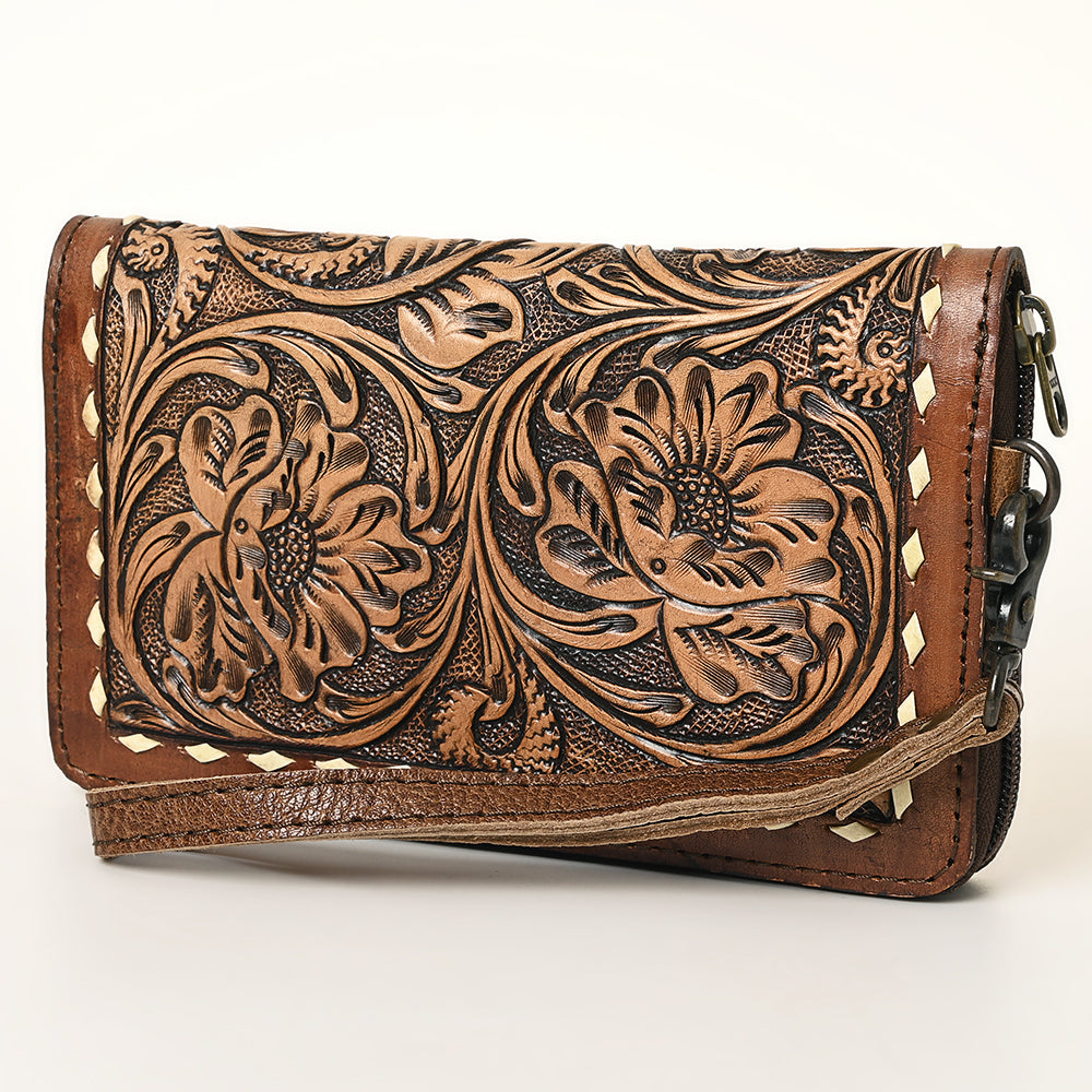 ADBG1309 American Darling Tooled Leather Wallet -Floral Buckstitch Wristlet