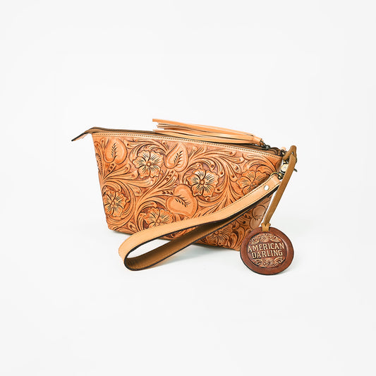 ADBG1234 American Darling Hand-Tooled Western Leather Wristlet Bag - Genuine Floral Carved Women Clutch