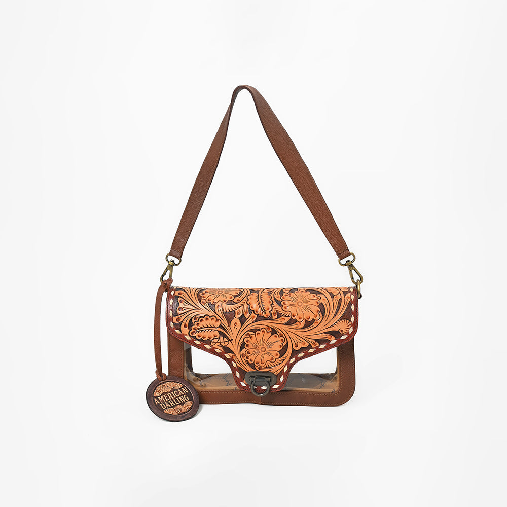 ADBG1507 American Darling Hand-Tooled Western Leather Clear Bag Genuine Tooled Floral Crossbody