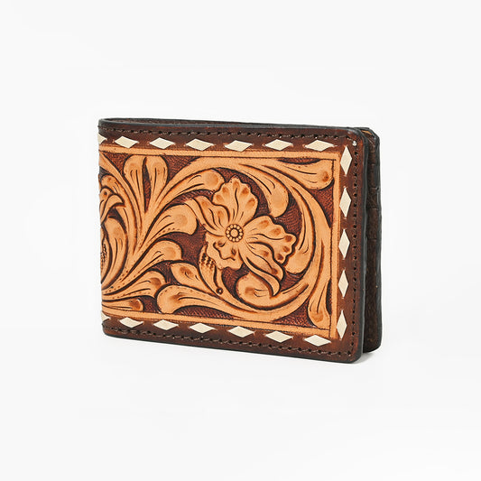 ADBG1592 American Darling Hand-Tooled Leather Wallet Hand Bag with Western Buck Stitching & Floral Detailing