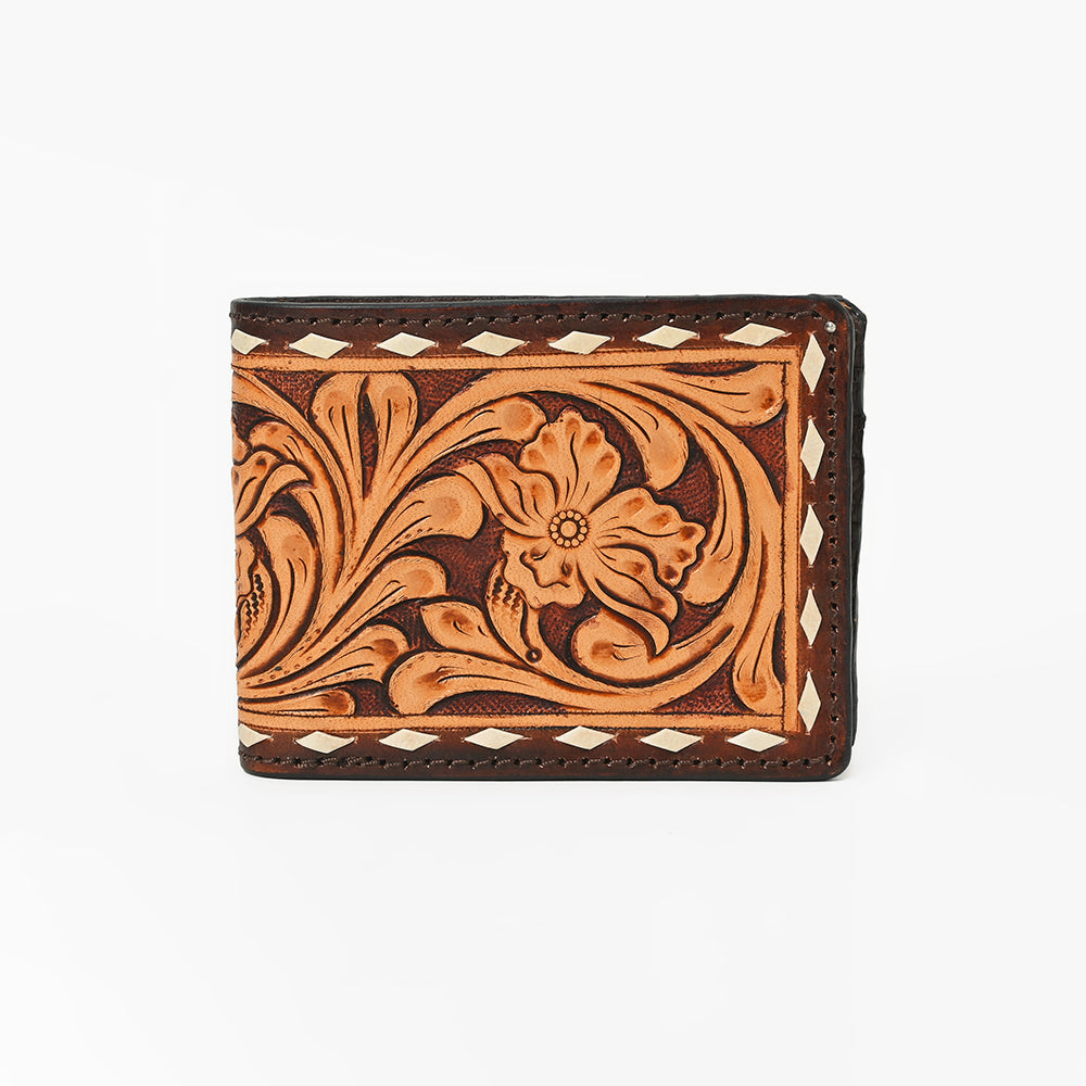 ADBG1592 American Darling Hand-Tooled Leather Wallet Hand Bag with Western Buck Stitching & Floral Detailing