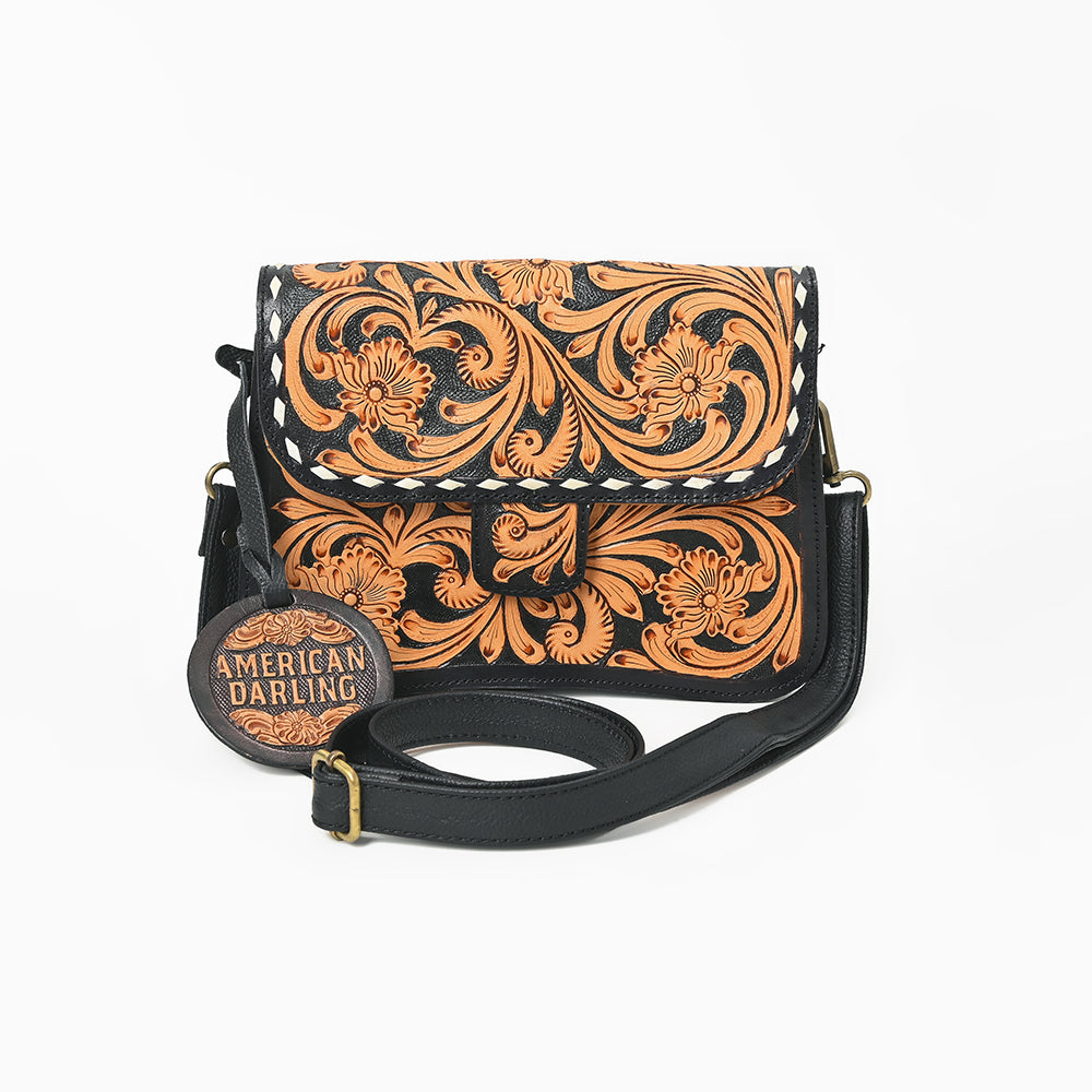 ADBG1734 American Darling Western Leather Small Cross body Bag with Hand Tooled Floral Carving