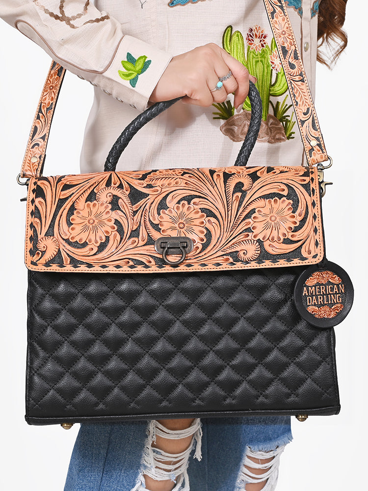 ADBG1800 American Darling Quilted Leather & Tooled Harness Briefcase
