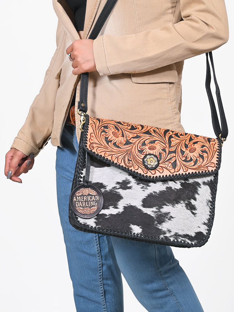 ADBG1839 American Darling Hand Tooled Hair On Hide Genuine Leather Crossbody