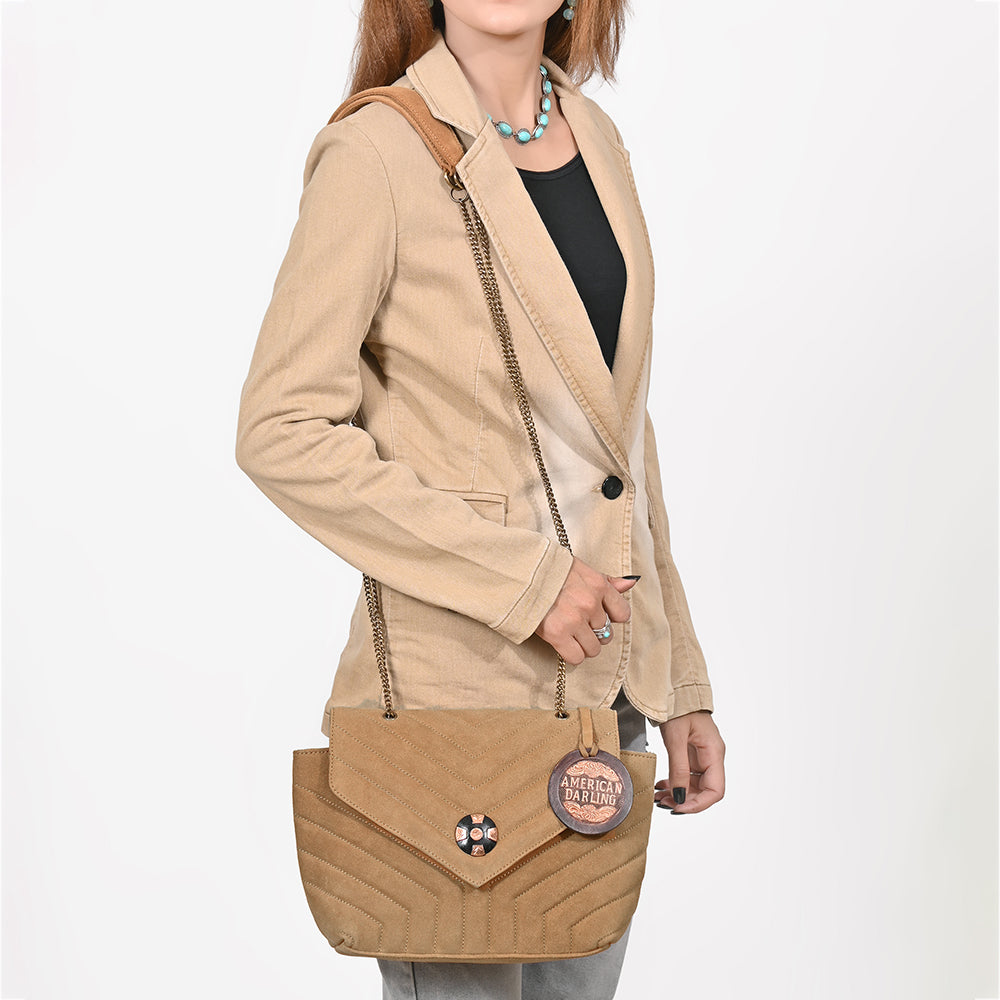 ADBG1870 American Darling Chevron Quilted Leather Envelope Crossbody Bag Chain Strap
