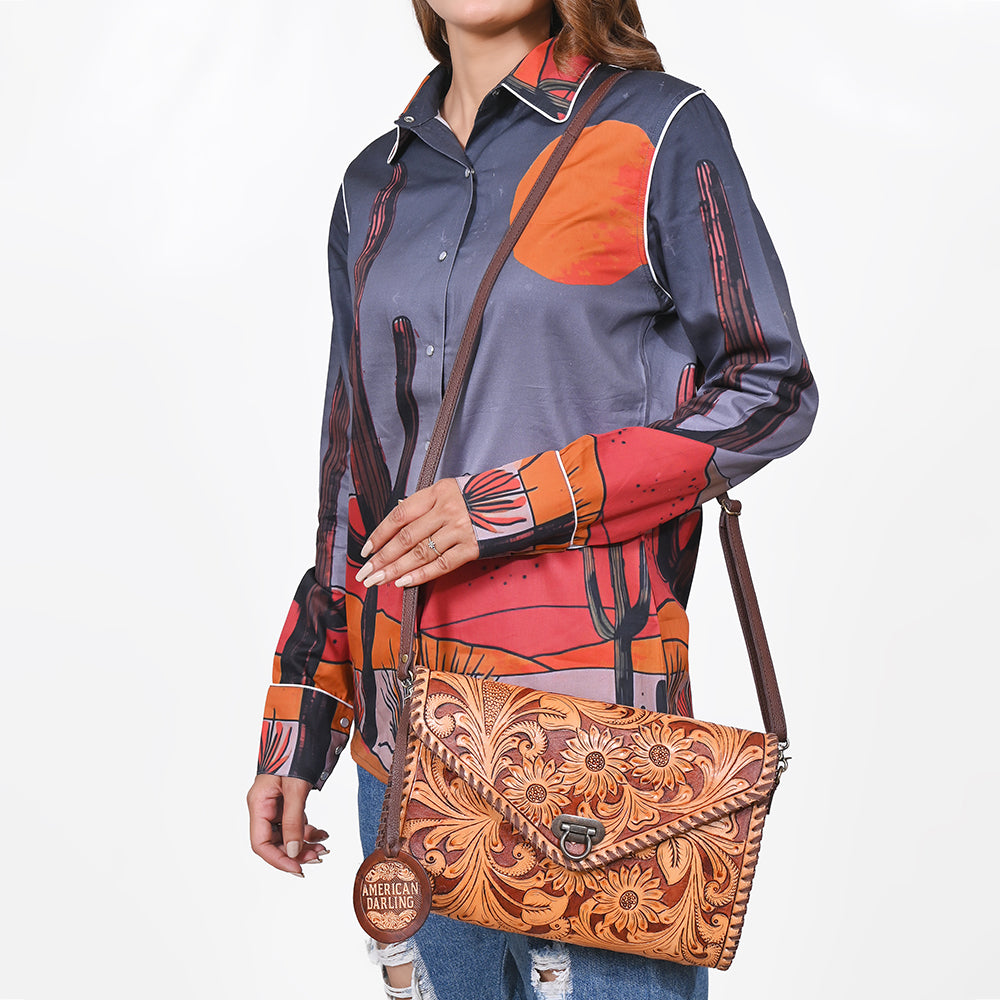 ADBG395BR Authentic Hand-Tooled Genuine Leather Envelope Clutch with Artisan Crafting
