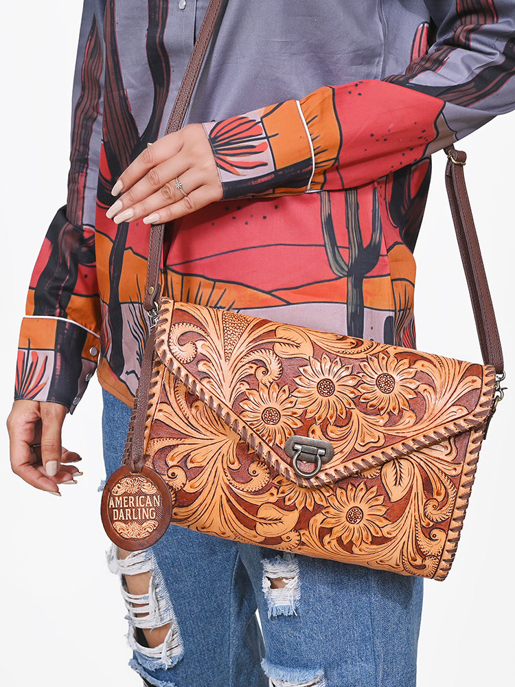 ADBG395BR Authentic Hand-Tooled Genuine Leather Envelope Clutch with Artisan Crafting