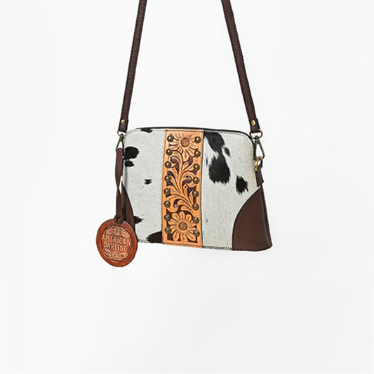 ADBG596 American Darling Hand Tooled Floral Carved & Hair-On Cowhide Western Cross body Bag