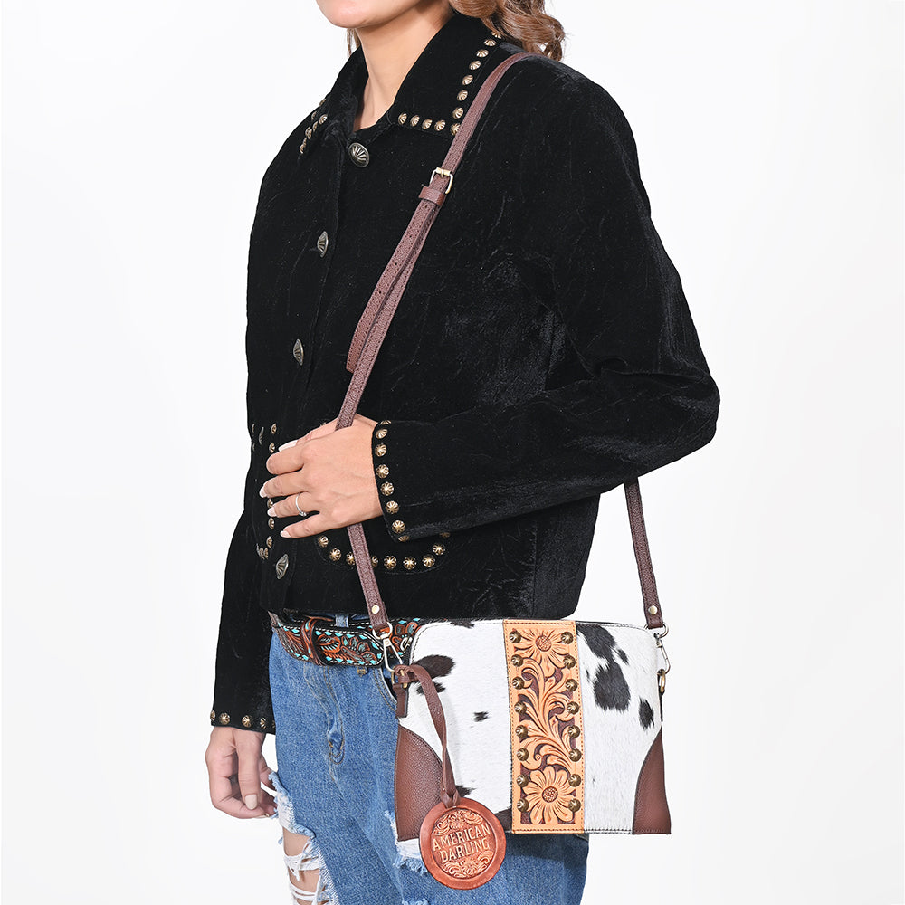 ADBG596 American Darling Hand Tooled Floral Carved & Hair-On Cowhide Western Cross body Bag