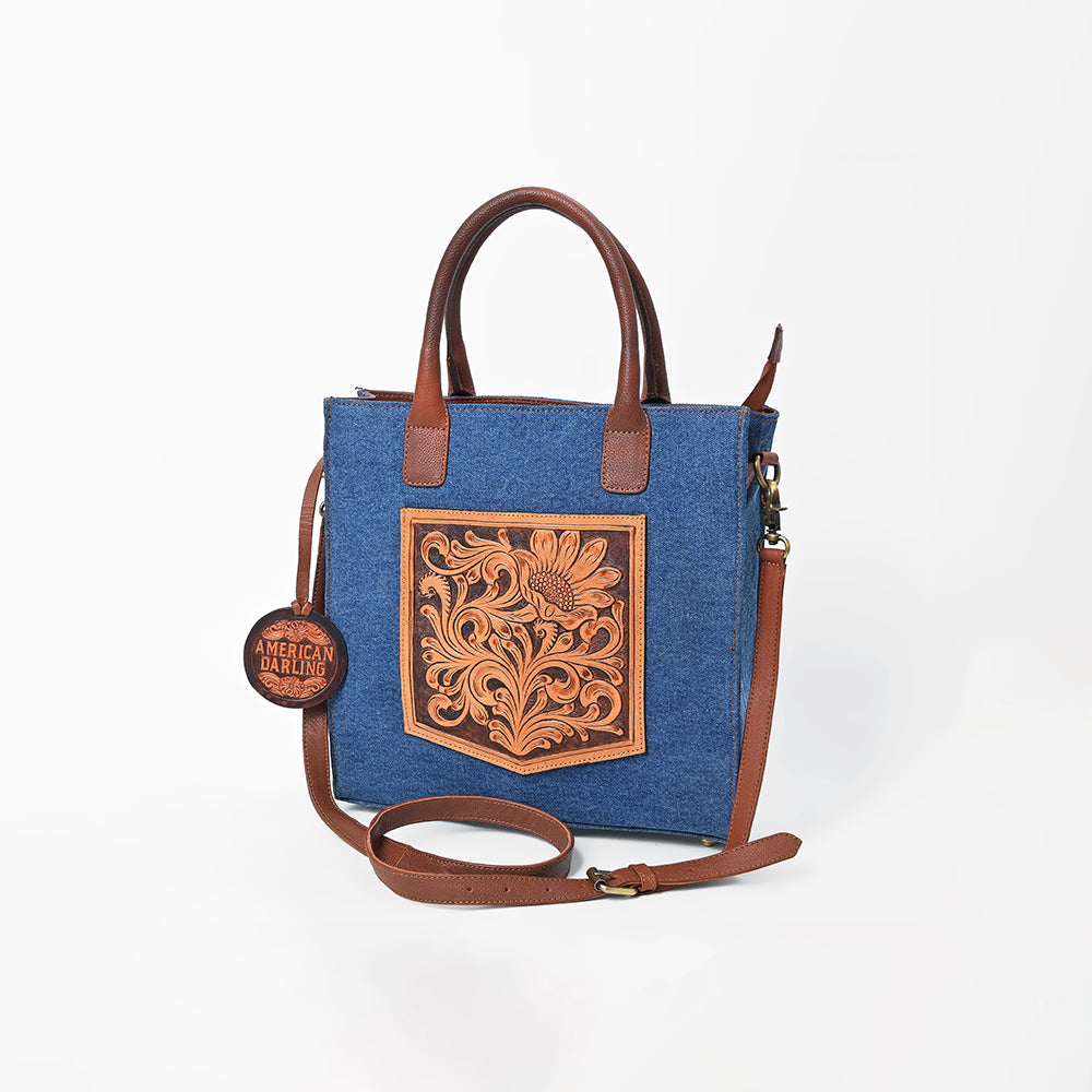 ADBGA1020 Tote Hand Tooled Denim Fabric Genuine Leather Women Bag