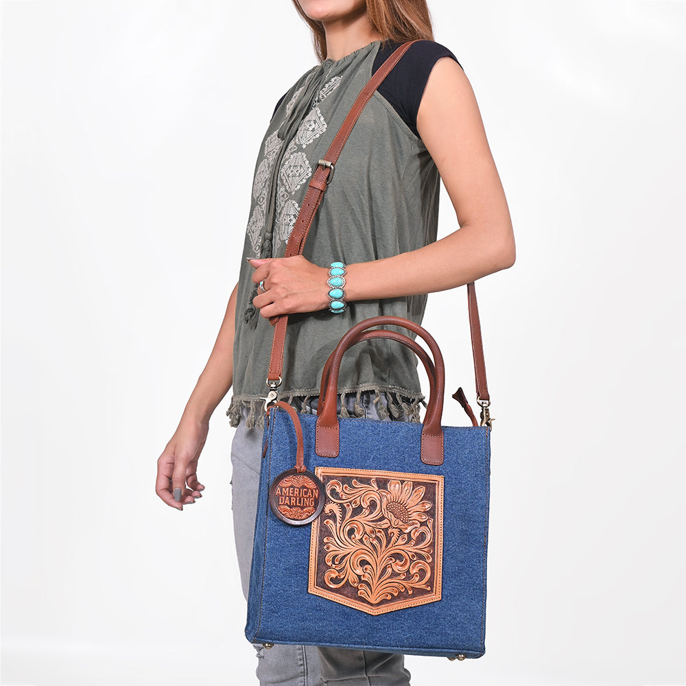 ADBGA1020 Tote Hand Tooled Denim Fabric Genuine Leather Women Bag