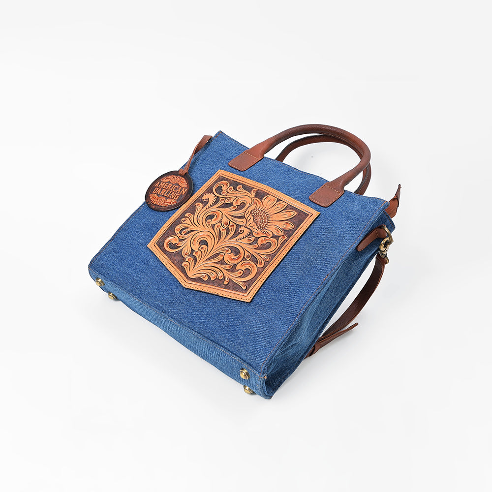 ADBGA1020 Tote Hand Tooled Denim Fabric Genuine Leather Women Bag