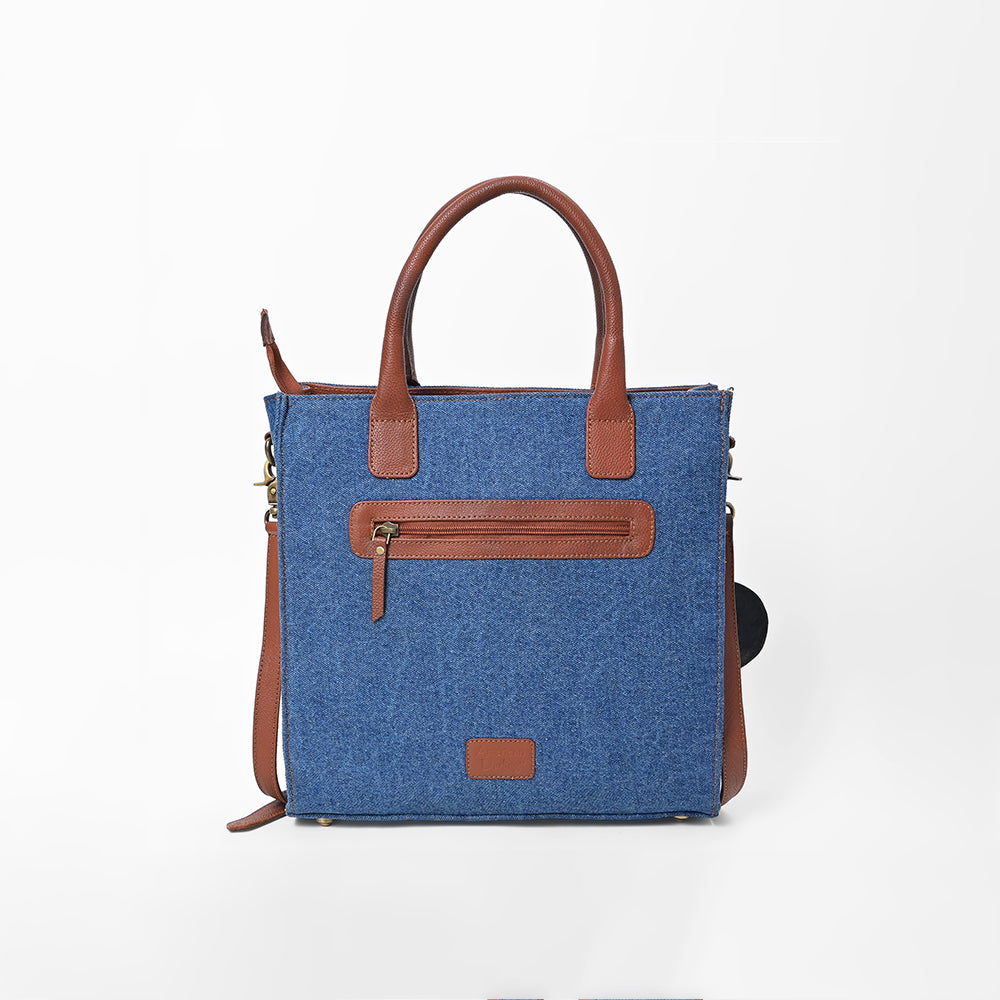 ADBGA1020 Tote Hand Tooled Denim Fabric Genuine Leather Women Bag