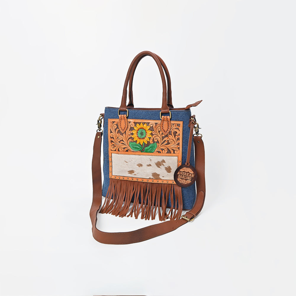 ADBGA1039 Crossbody Hand Tooled Denim Fabric Genuine Leather Women Bag