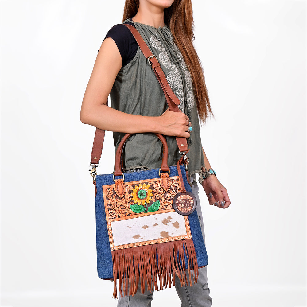 ADBGA1039 Crossbody Hand Tooled Denim Fabric Genuine Leather Women Bag