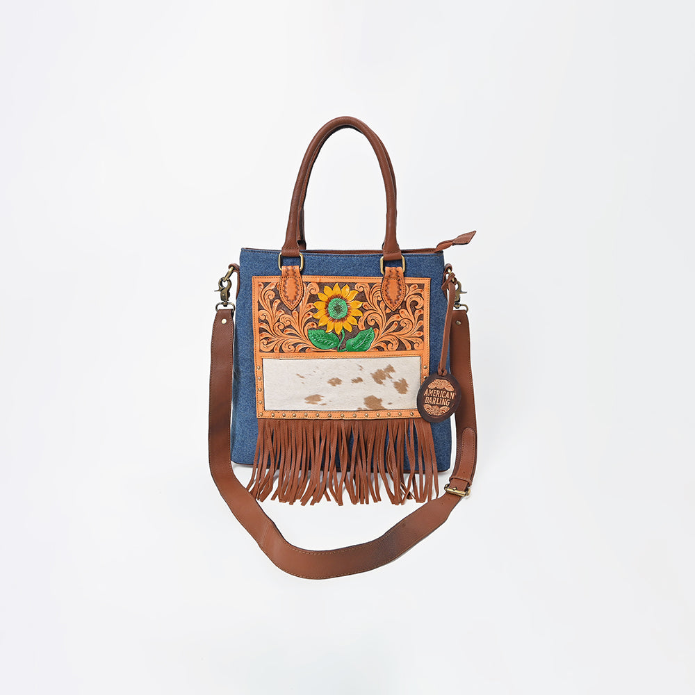 ADBGA1039 Crossbody Hand Tooled Denim Fabric Genuine Leather Women Bag