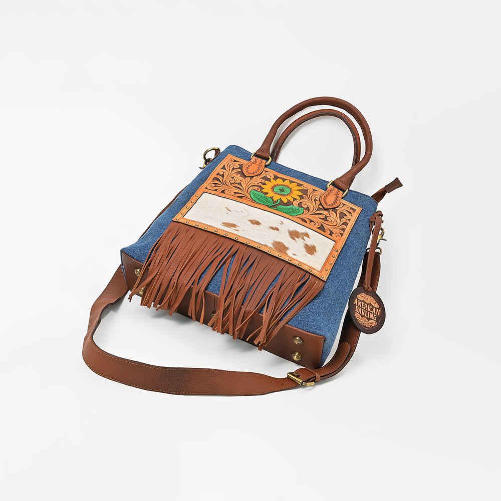 ADBGA1039 Crossbody Hand Tooled Denim Fabric Genuine Leather Women Bag