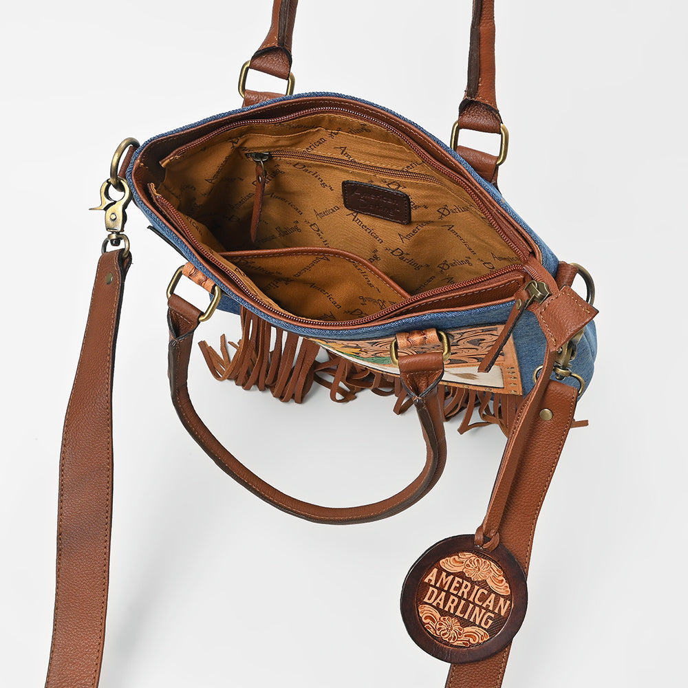 ADBGA1039 Crossbody Hand Tooled Denim Fabric Genuine Leather Women Bag