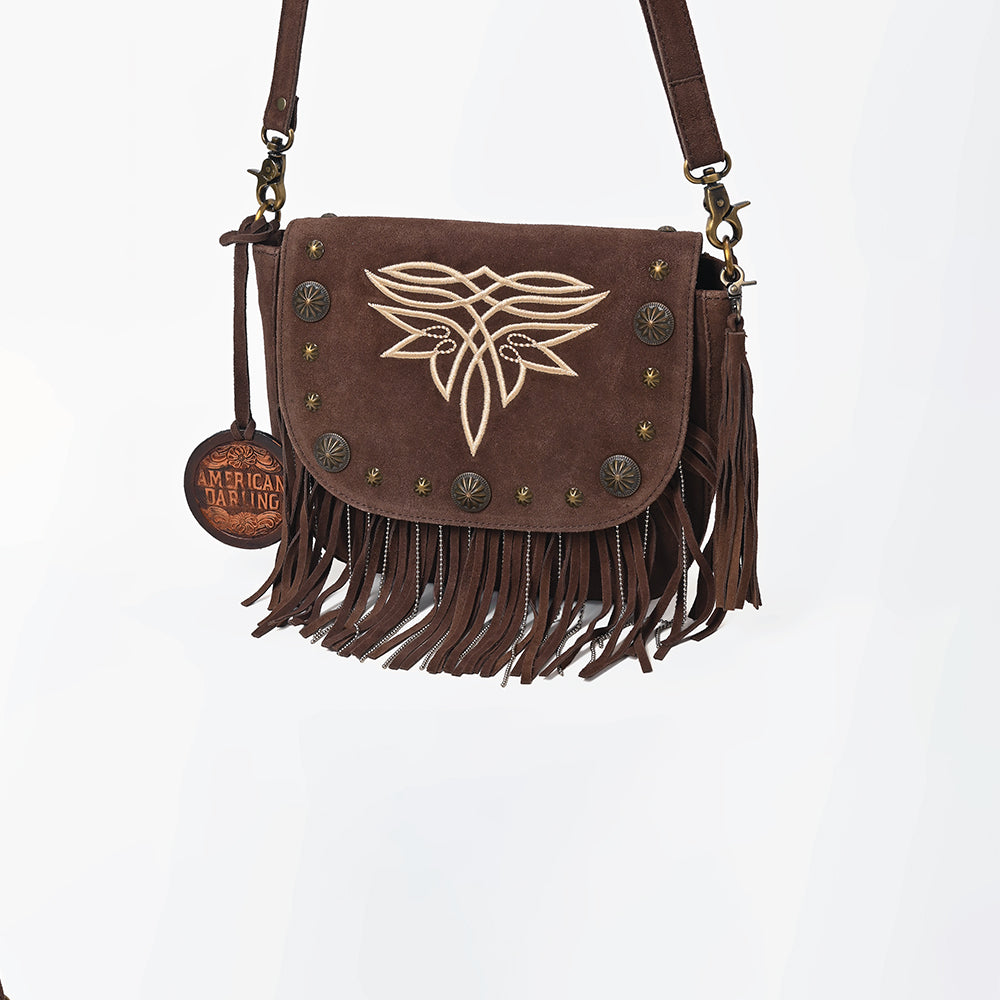 ADBGA836 American Darling Genuine Suede Leather Fringe Cross body Bag with Embroidery