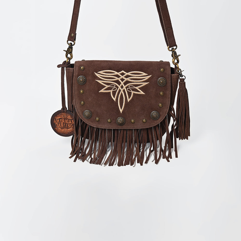 ADBGA836 American Darling Genuine Suede Leather Fringe Cross body Bag with Embroidery