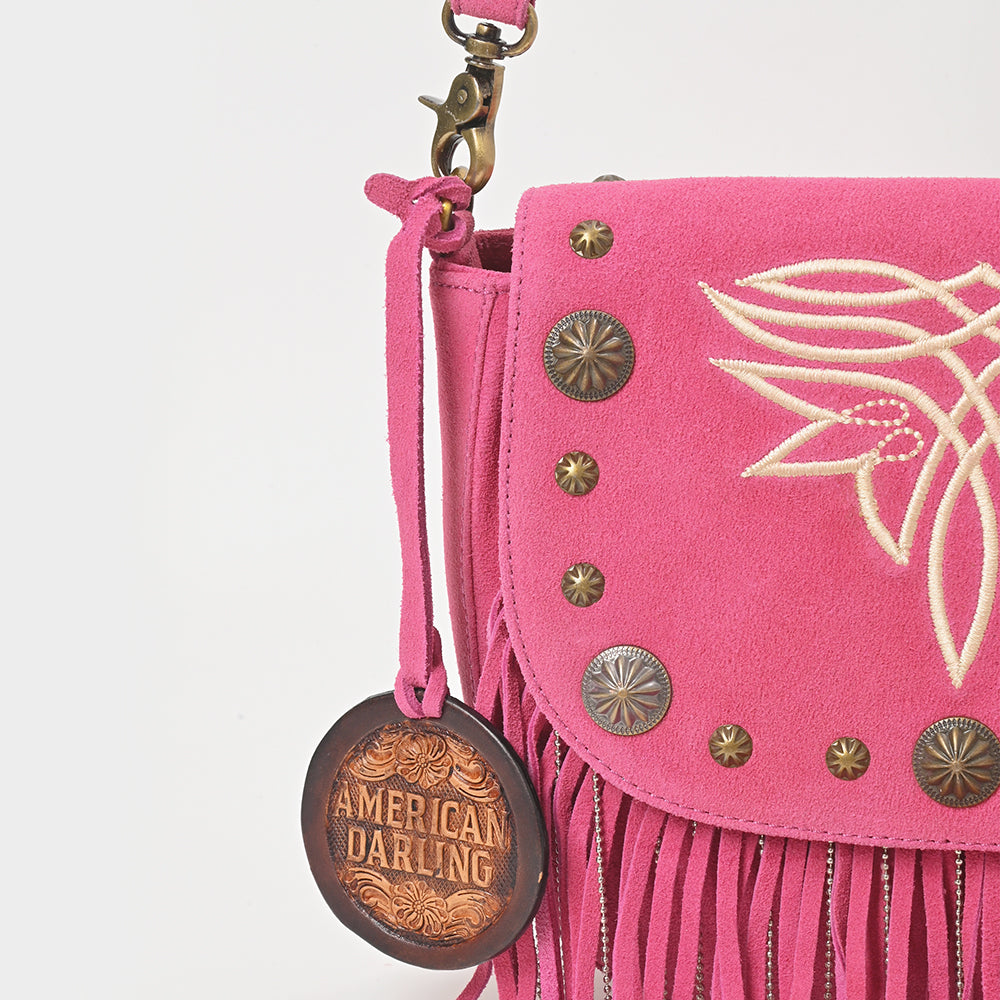 ADBGA836 American Darling Genuine Suede Leather Fringe Cross body Bag with Embroidery