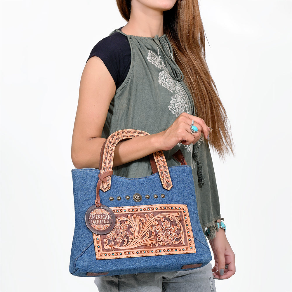 ADBGA988 American Darling Denim, Harness & Floral Tooled Leather Tote Handbag