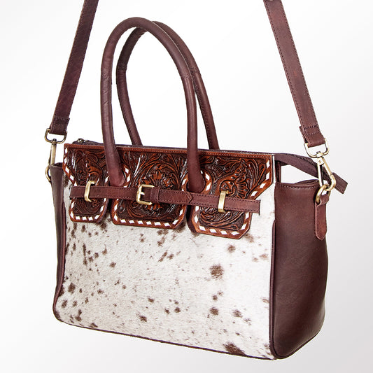 ADBGI151 Studded Hair-On Hide Tooled Leather Satchel - Western Cowgirl Handbag