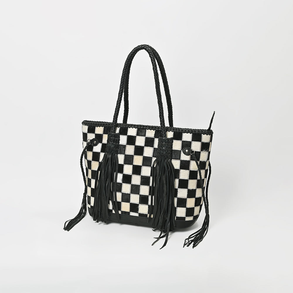 ADBGM738 American Darling Checkered Hair-on Leather Tote Bag with Fringe Trim