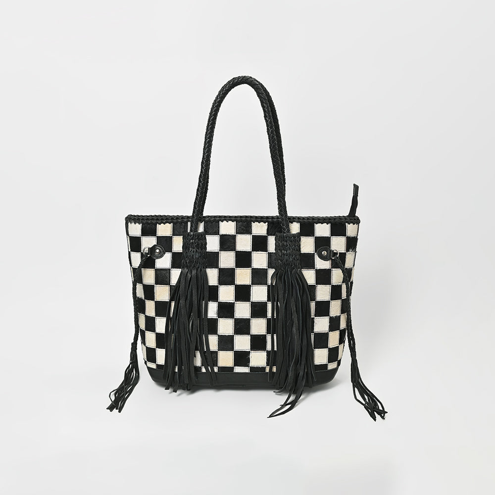 ADBGM738 American Darling Checkered Hair-on Leather Tote Bag with Fringe Trim