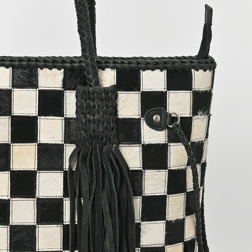 ADBGM738 American Darling Checkered Hair-on Leather Tote Bag with Fringe Trim