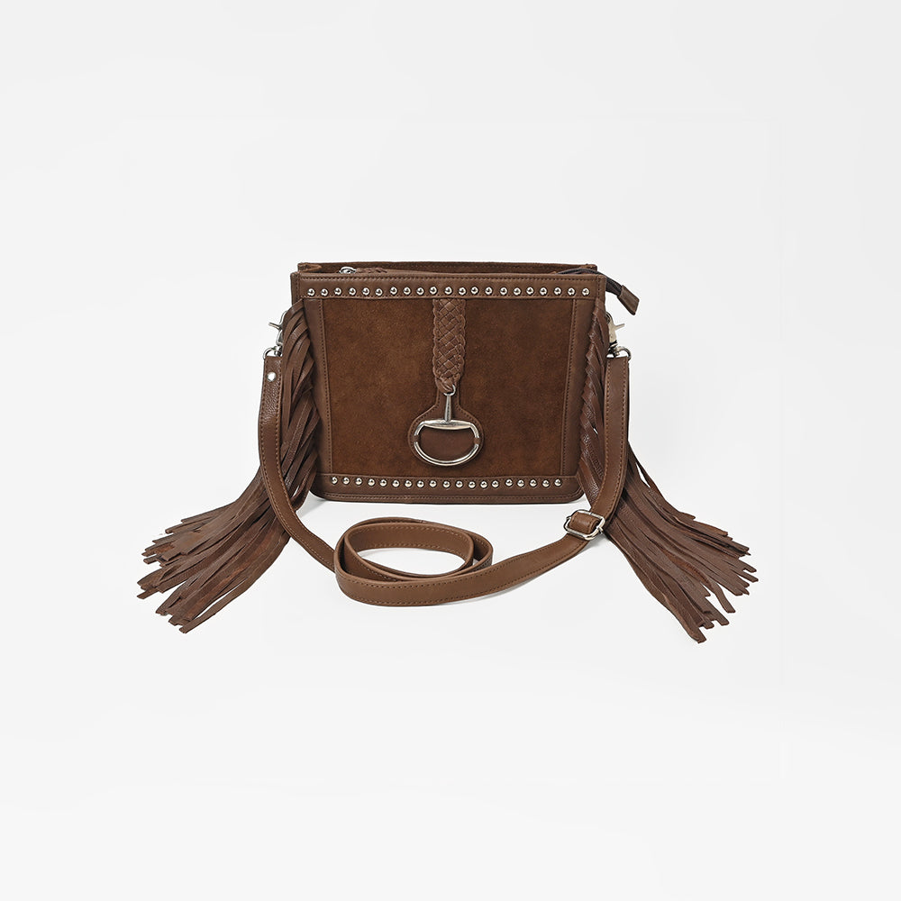 ADBGM970 American Darling Leather Studded Horsebit Fringe Crossbody Bag