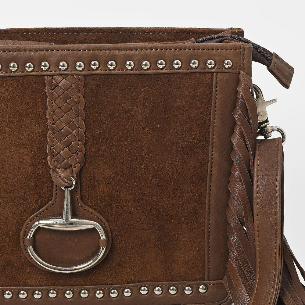 ADBGM970 American Darling Leather Studded Horsebit Fringe Crossbody Bag