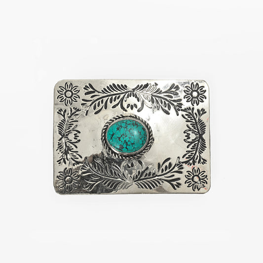 ADBKA101 Belt Buckle Engraved Brass Turquoise Rhinestone Scrollwork