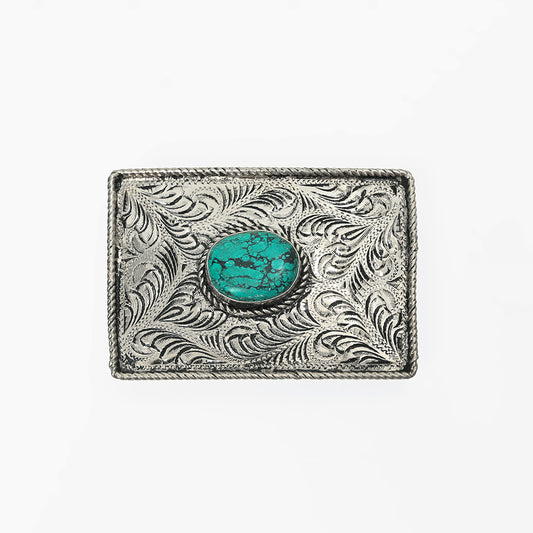 ADBKA103 Belt Buckle Engraved Brass Turquoise Rhinestone Scrollwork