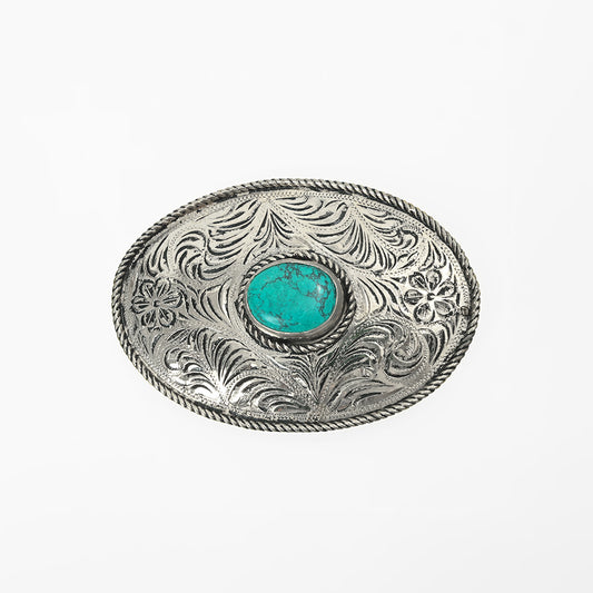 ADBKA104 Belt Buckle Engraved Brass Turquoise Rhinestone Scrollwork
