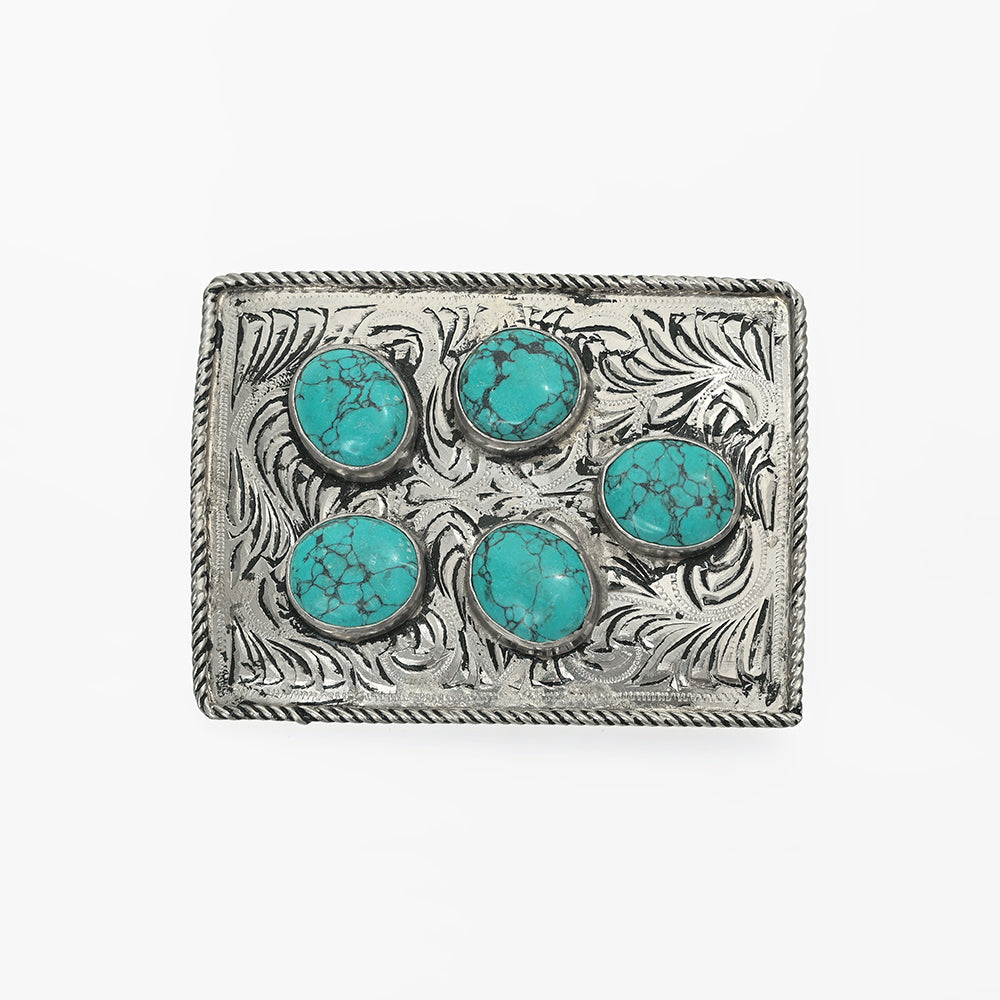 ADBKA105 Belt Buckle Engraved Brass Turquoise Rhinestone Scrollwork