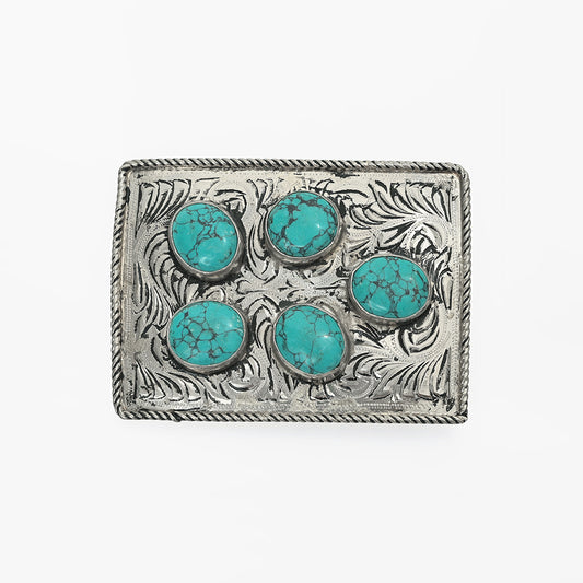ADBKA105 Belt Buckle Engraved Brass Turquoise Rhinestone Scrollwork