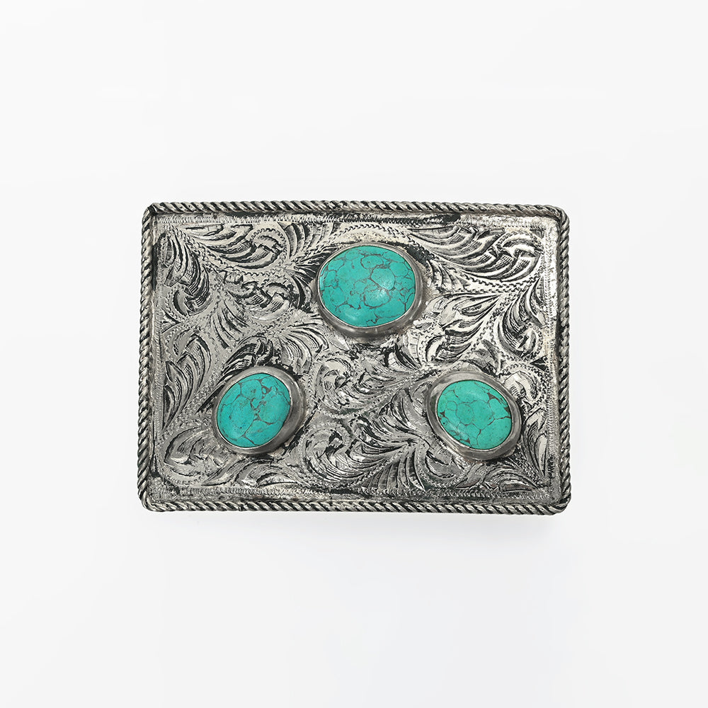 ADBKA106 Belt Buckle Engraved Brass Turquoise Rhinestone Scrollwork