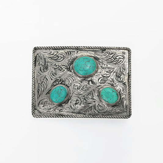 ADBKA106 Belt Buckle Engraved Brass Turquoise Rhinestone Scrollwork