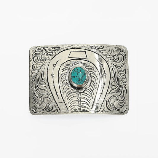 ADBKV108 Hand Engraved German Silver Horseshoe Western Belt Buckle with Turquoise Stones