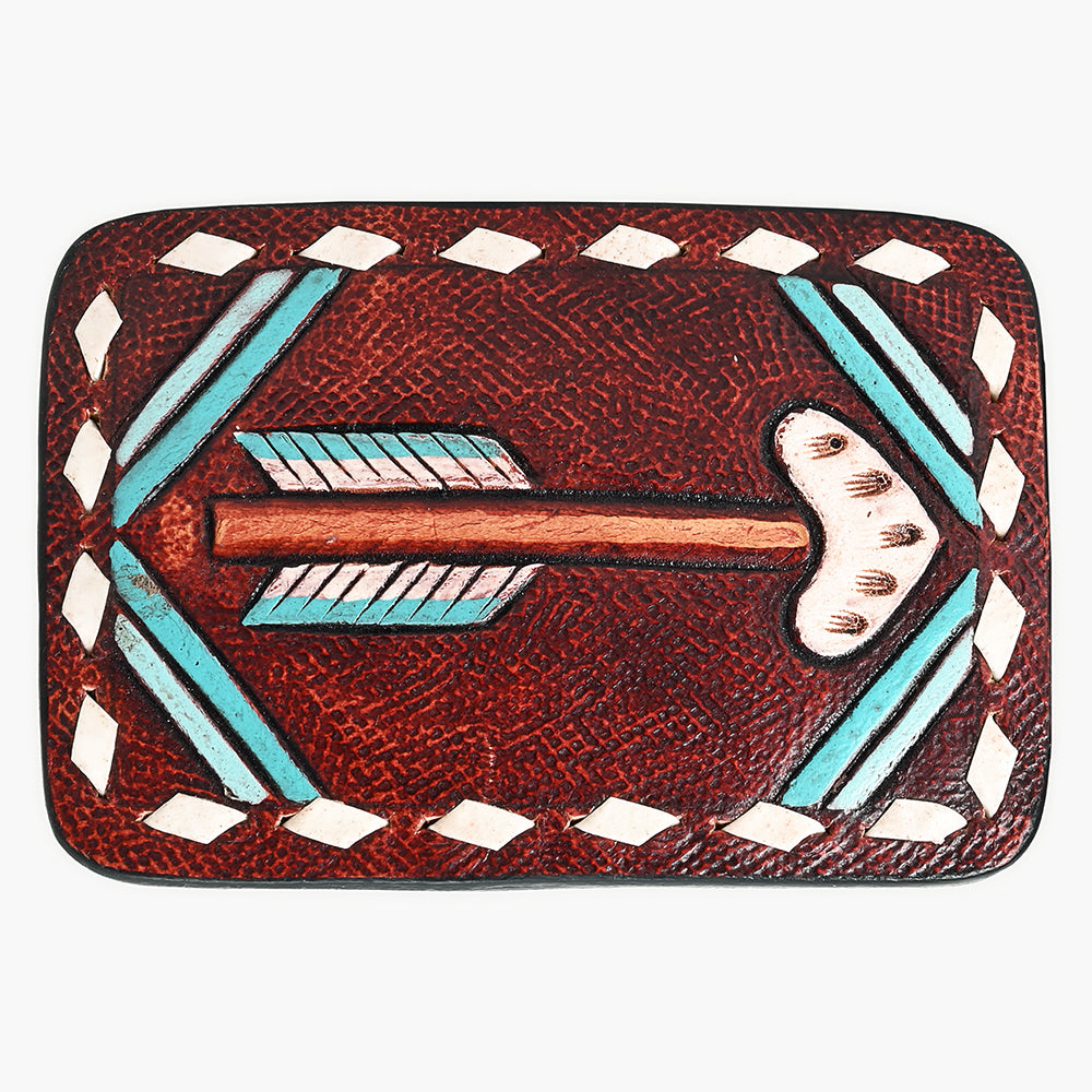 ADBLF104-BU Hand-Painted Arrow Tooled Leather Belt Buckle Rustic Red & Turquoise
