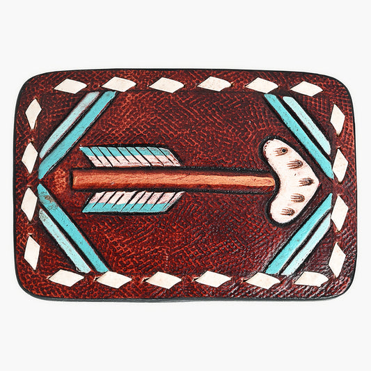 ADBLF104-BU Hand-Painted Arrow Tooled Leather Belt Buckle Rustic Red & Turquoise