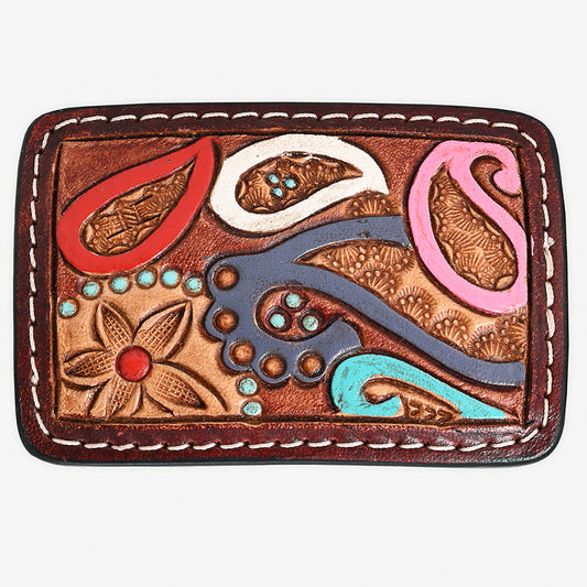 ADBLF105-BU Hand-Painted Paisley Floral Tooled Leather Belt Buckle Multicolor Western Style