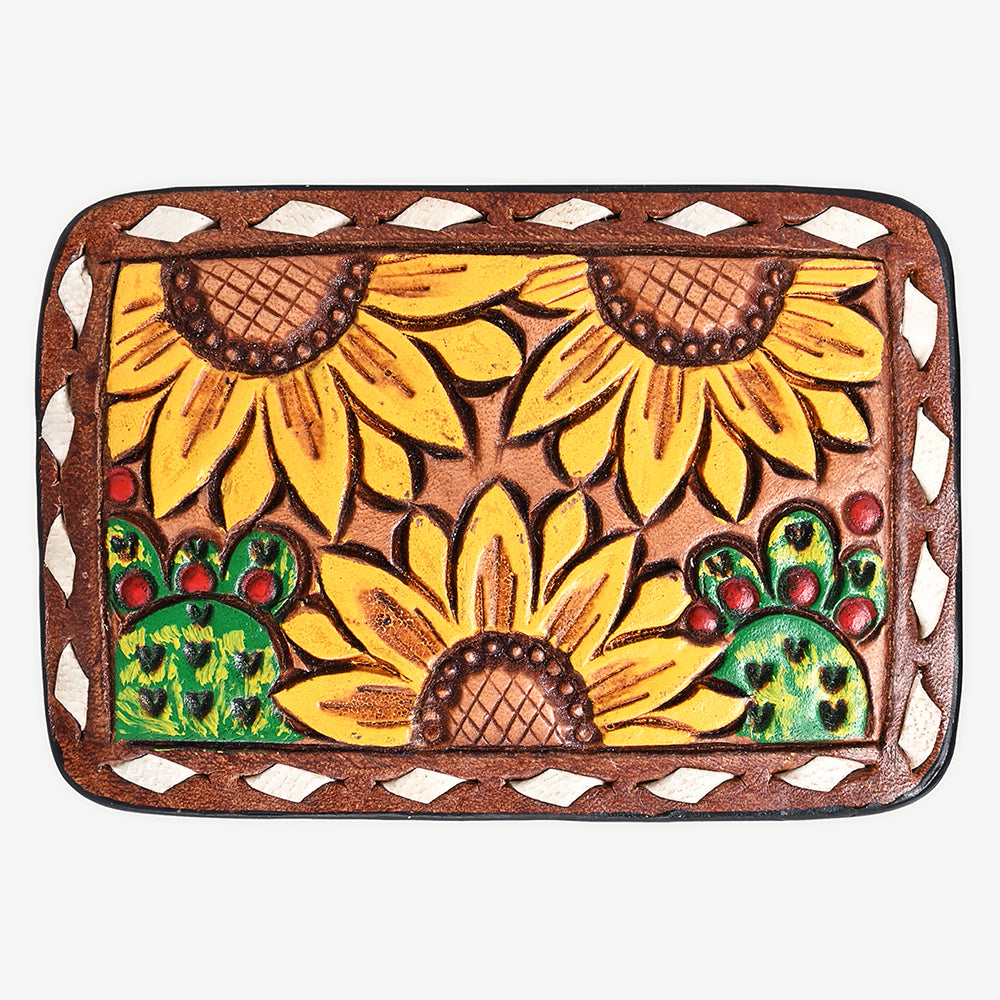 ADBLF106-BU Hand-Painted Sunflower & Cactus Tooled Leather Belt Buckle Vibrant Western Style