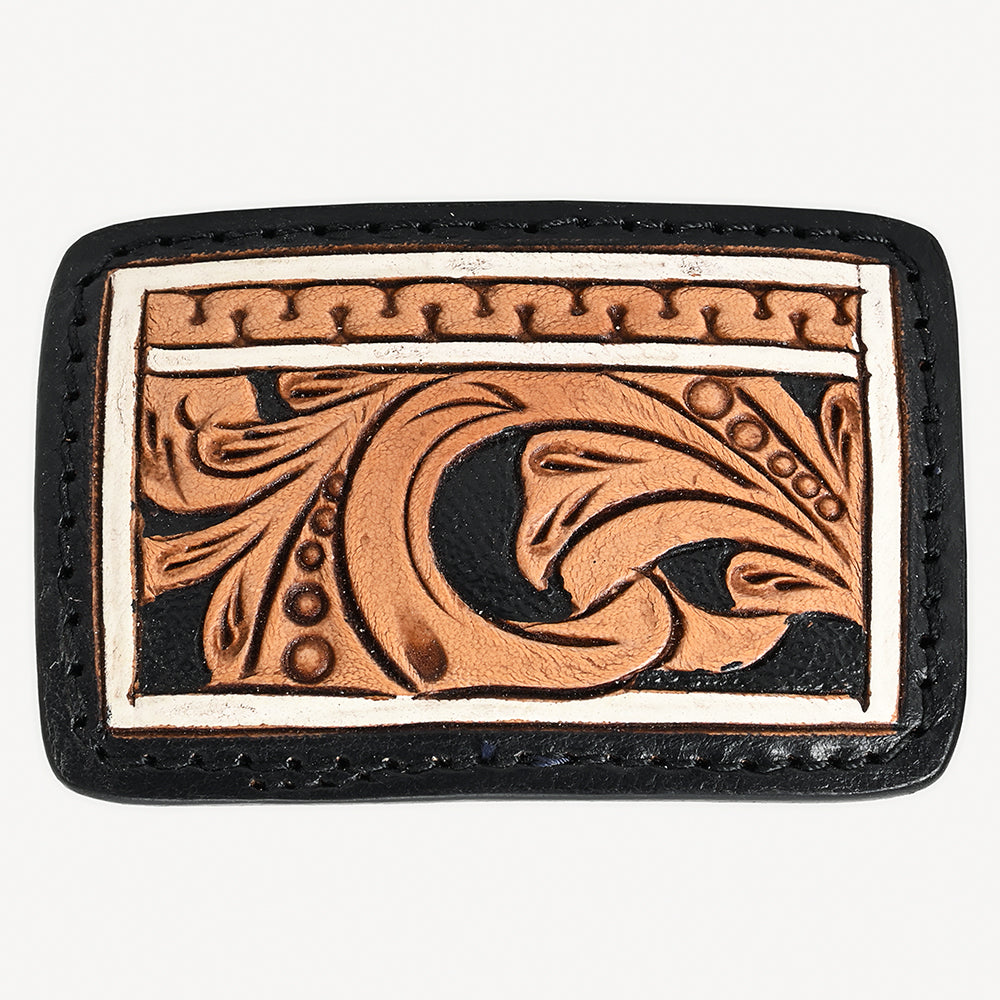 ADBLF109-BU Hand-Tooled Western Leather Belt - Turquoise Inlay & Floral Scroll Design