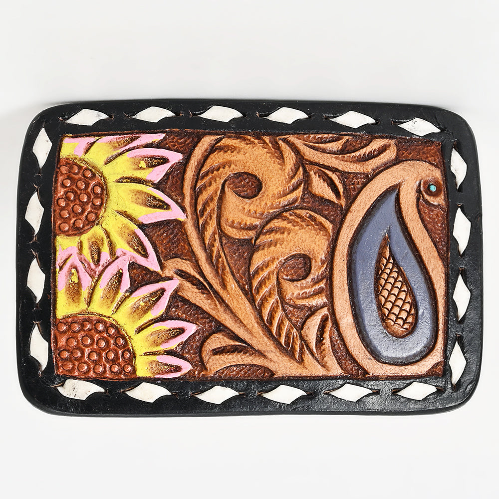 ADBLF116-BU Tooled Leather Belt Keeper - Paisley & Sunflower Design with Pink & Yellow Accents