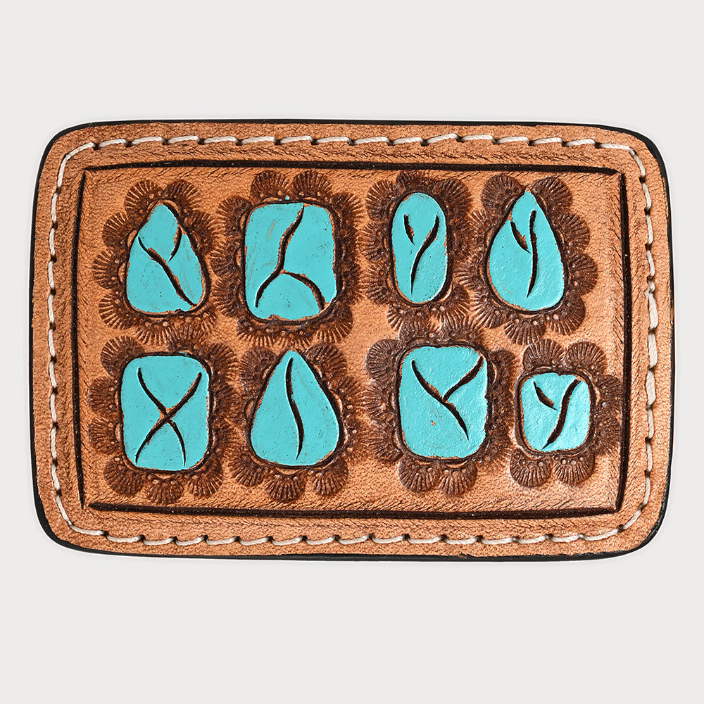 ADBLF126-BU Tooled Leather Key Fob - Turquoise Stone-Inspired Design