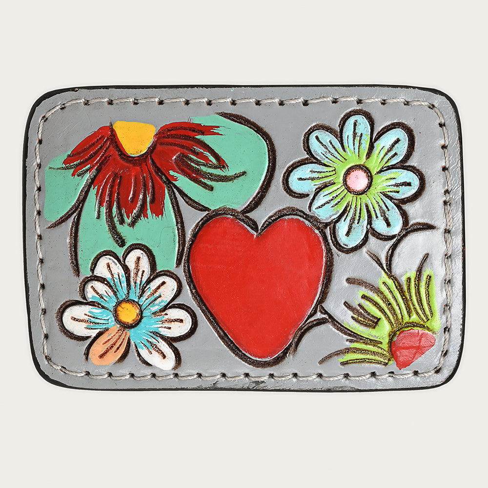 ADBLF127-BU Tooled Leather Belt Buckle - Heart & Flowers on Gray Leather