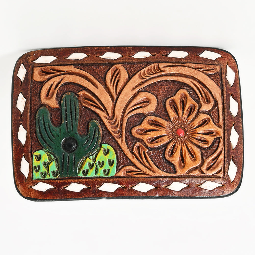 ADBLF129-BU Western Leather Belt Buckle - Tooled Cactus & Floral Design